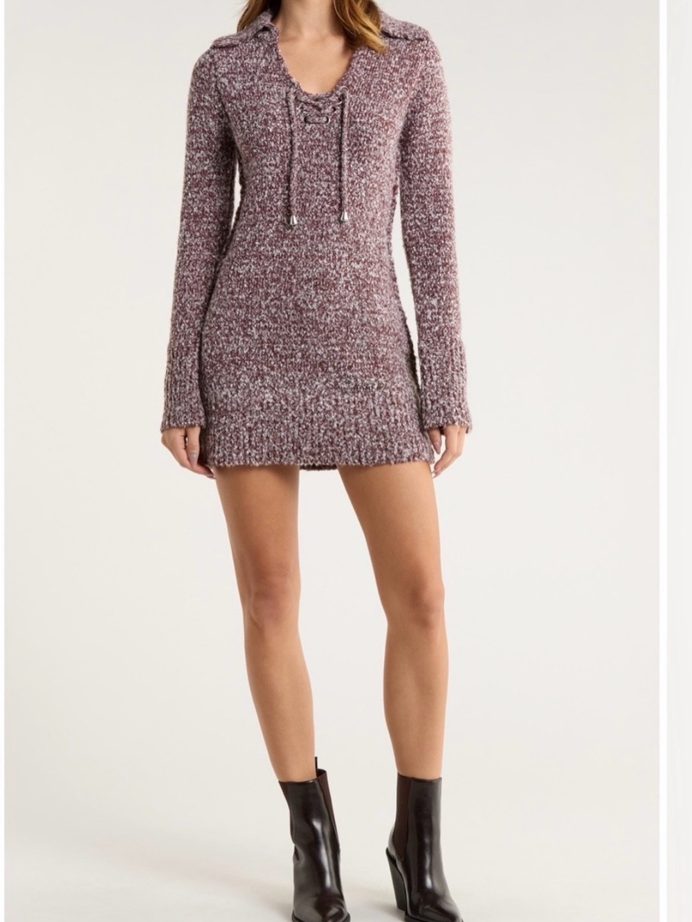 Free People Mauve Heathered Lace-Up Knit Mini Dress